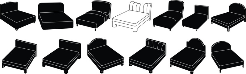 Bed Vector Illustrations, Bedroom Furniture Clipart Set, Black and White Bed Silhouettes