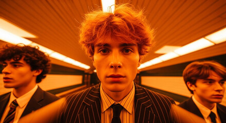 Three Young Men in Suits, Orange Lit Tunnel