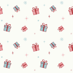 Seamless pattern with handdrawn present boxes. Crayon style. Festive winter background