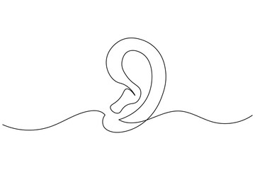 Obraz premium Human ear icon in continuous one line drawing style. Minimalist outline isolated on a white background. Modern single line art vector illustration for design projects
