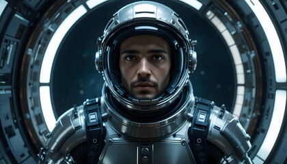 Man in sleek silver space gear inside an airlock with the dark cosmos beyond.