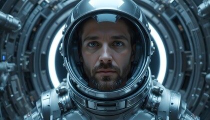 Man in sleek silver space gear inside an airlock with the dark cosmos beyond.