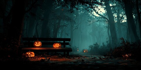 Halloween pumpkins glowing on a bench in a spooky forest at night with a foggy background scene