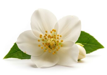 Obraz premium Single white jasmine flower with green leaves isolated on white background