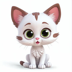 Obraz premium Cute cartoon kitten with big eyes sitting on white background