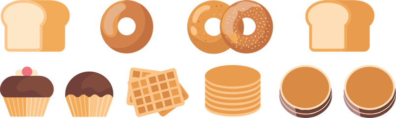 Assortment of sweet baked goods and bread slices on a white background toast sliced bread