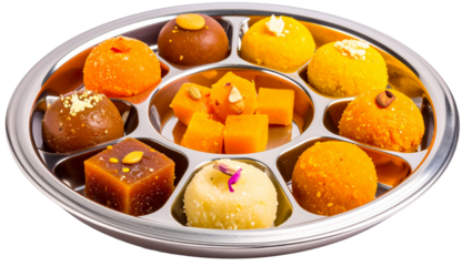Assortment of colorful indian sweets arranged on a divided white plate for a festive presentation on transparent background