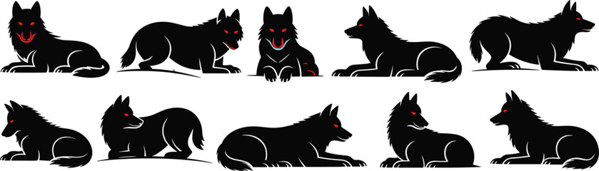 Black Wolf Silhouette Vector Set with Red Eyes, Gothic Horror Wolves Clipart, Fantasy Animal Illustration for Dark Theme Art