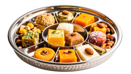 Assortment of colorful indian sweets arranged on a divided white plate for a festive presentation on transparent background