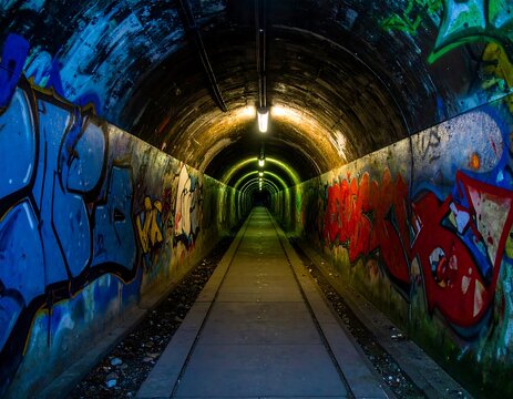 Graffiti-covered tunnel walkway - Powered by Adobe