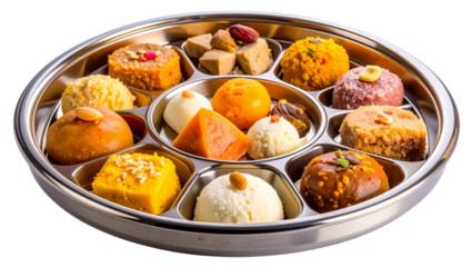 Assortment of colorful indian sweets arranged on a divided white plate for a festive presentation on transparent background