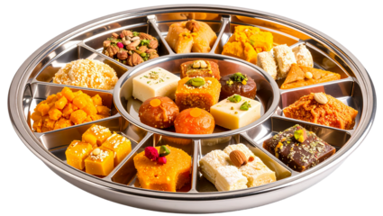Assortment of colorful indian sweets arranged on a divided white plate for a festive presentation on transparent background