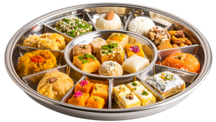 Assortment of colorful indian sweets arranged on a divided white plate for a festive presentation on transparent background