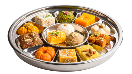 Assortment of colorful indian sweets arranged on a divided white plate for a festive presentation on transparent background