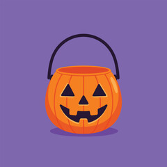 Vibrant orange Halloween pumpkin bucket with a happy jackolantern face, perfect for trick or treat candy collection. © Ahmdfadhilah