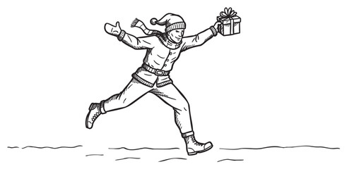Fototapeta premium Cheerful young male in winter attire running with gift box – retro hand drawn illustration