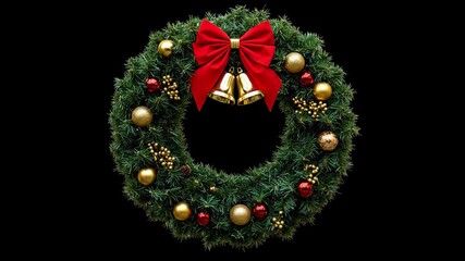 A traditional Christmas wreath decorated with a red bow, golden bells, and ornaments is isolated against a clean, black background, perfect for holiday themes. loop video

 - Powered by Adobe
