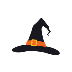 Classic black witch hat with vibrant orange band and golden buckle, perfect for Halloween celebrations, spooky season, and magical costume parties.