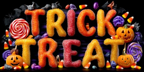 Colorful Halloween Decoration Featuring Trick or Treat Words Surrounded by Candy and Pumpkins