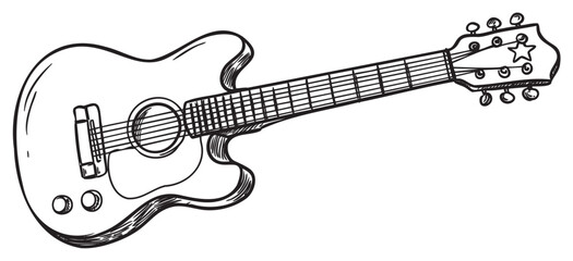 Fototapeta premium Hand-drawn acoustic guitar illustration with detailed strings and body design – retro hand drawn illustration