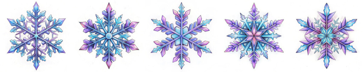 Hand-drawn watercolor snowflake set with intricate designs in blue and purple hues, white background