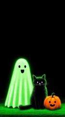 Cheerful Green Ghost with Tiny Black Cat and Smiling Pumpkin Creating a Playful Halloween Atmosphere