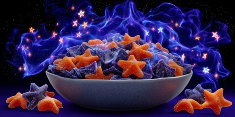 Colorful Halloween Candy Bowl Under Ultraviolet Light with Star Shapes and Vibrant Atmosphere