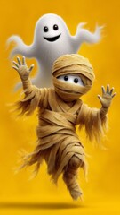 Friendly Mummy and Waving Ghost Against a Pale Lemon Yellow Background