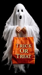 Ghost Emerging from Halloween Treat Bag Labeled Trick or Treat Against Black Background