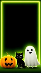 Halloween Stage Featuring Playful Ghost Tiny Black Cat and Jack-o'-lantern with Neon Green Lights