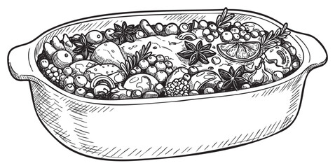Hand-drawn casserole dish with fresh vegetables and herbs – retro hand drawn illustration