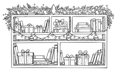 Festive bookshelf with holiday decorations and wrapped gifts &ndash; retro hand drawn illustration