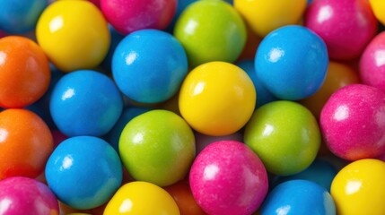 Fototapeta premium Bright candy balls in various colors like blue green pink and yellow sit together forming a lively and inviting pattern. Their glossy finish adds to the fun atmosphere.
