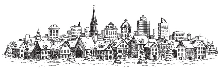 Black and white winter cityscape with snow-covered houses and buildings &ndash; retro hand drawn illustration