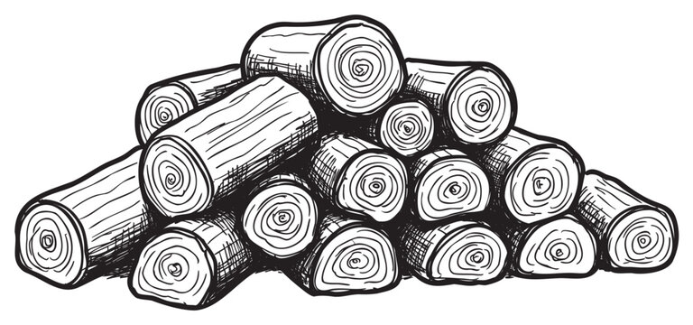 Hand-drawn stack of natural logs with detailed wood grain patterns &ndash; retro hand drawn illustration