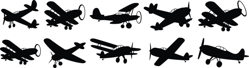 Vintage Airplane Silhouettes Collection, Classic Biplane and Monoplane Vector Icons, Aviation Clipart Set