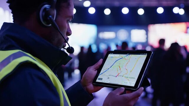 Drone Operator Monitoring Flight Path on Tablet - A medium shot depicts a drone operator using a tablet to monitor flight path maps.