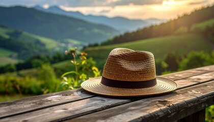 美しい景色の背景　置かれたお洒落な帽子の写真