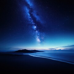 Naklejka premium Starlight over the Shoreline: The majestic Milky Way stretches across the night sky, reflected in the tranquil waters of a secluded beach, with a breathtaking display of celestial wonder.