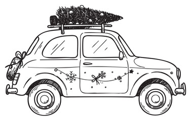 Vintage car with christmas tree on roof in festive holiday design – retro hand drawn illustration