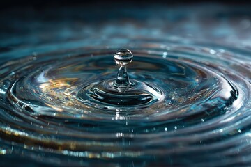 Stunning Close-Up of Water Drop Creating Ripples in Blue Background