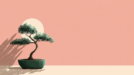 Serene Bonsai Tree Silhouetted Against Soft Peach Background