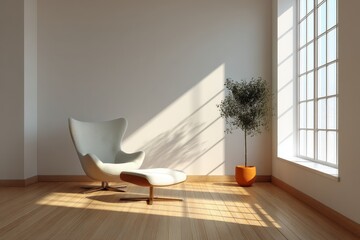 Modern Minimalist Interior with Stylish Chair and Potted Plant