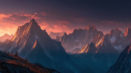 Majestic Mountain Range at Sunset with Vibrant Skies and Shadows