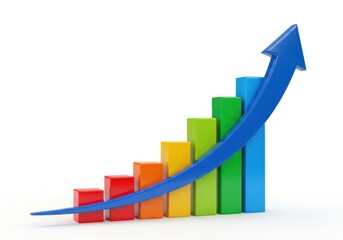Colorful bar chart with upward trend arrow isolated on white background