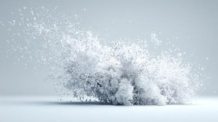 A burst of small white particles forms a cloud-like structure in a clean minimal space. The scene captures the energy and motion of the explosion highlighting the textures.