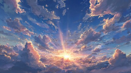 A stunning display of clouds reflects vibrant colors as the sun sets casting rays of light across the expansive sky. The scene captures the beauty of nature at twilight.