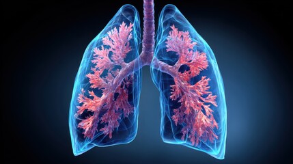 This artwork displays a 3D representation of human lungs highlighting the intricate bronchial tree and alveoli. The vibrant colors create a striking visual effect emphasizing lung structure.