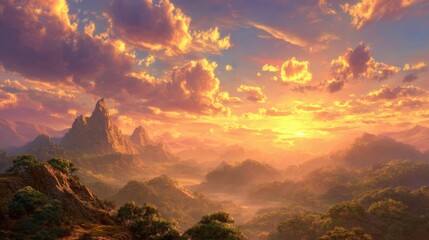 A colorful sunset casts warm hues over towering mountains and lush valleys. The sky is filled with clouds reflecting the orange and purple shades of the setting sun creating a serene atmosphere.