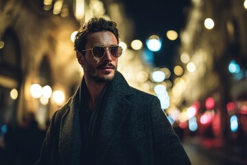 Stylish Man in Sunglasses Walking at Night in City with Bokeh Lights